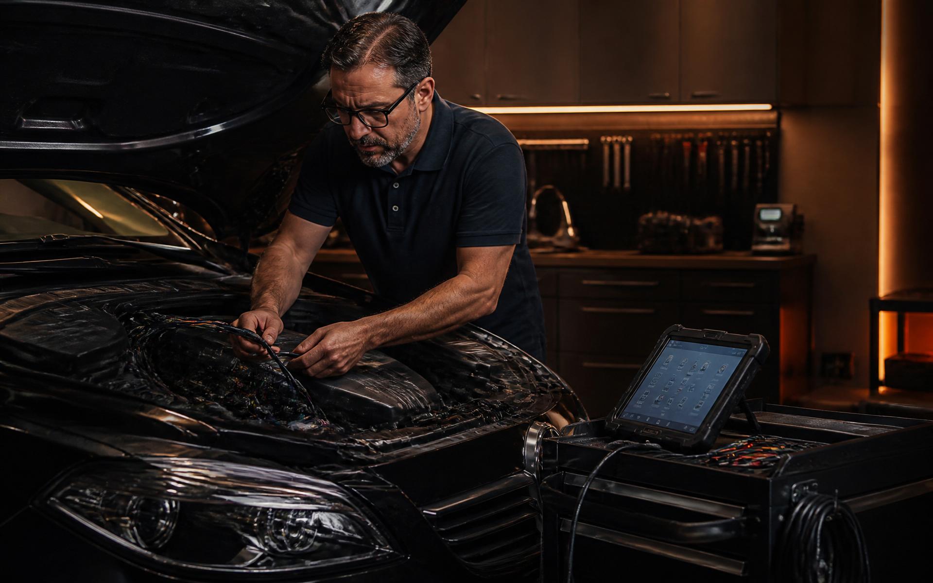Miguel Santos a intervir na cablagem de uma viatura com equipamento de diagnóstico Autel